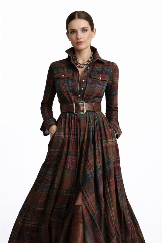 Sofia║ Vestido largo de cuadros con cinturón